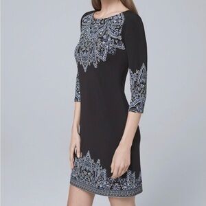 WHITE HOUSE BLACK MARKET Printed Black White Blue Boatneck Dress NWT | Size XXSP